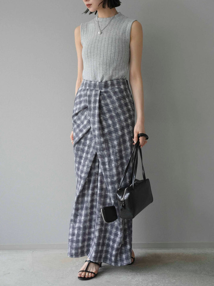 [予約]チェックプリントタックIラインスカート/グレー