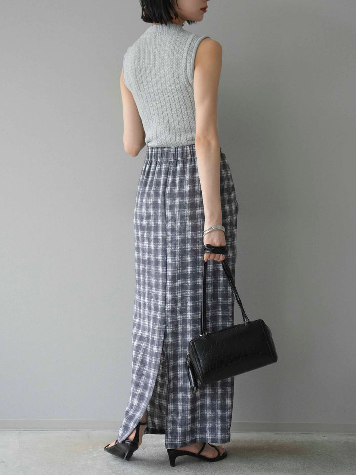 [予約]チェックプリントタックIラインスカート/グレー