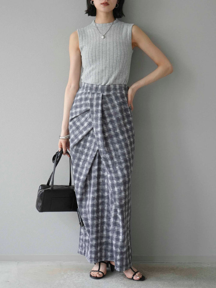 [予約]チェックプリントタックIラインスカート/グレー