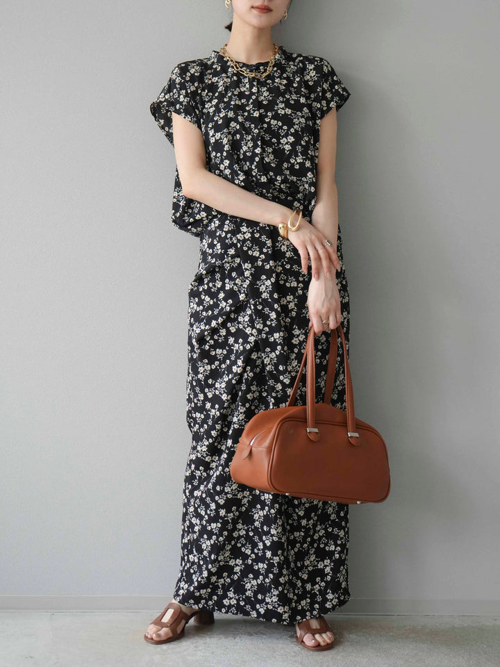 [SET]フラワープリントフレンチスリーブブラウス+フラワープリントタックIラインスカート(2set)