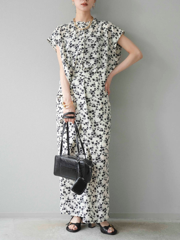 [SET]フラワープリントフレンチスリーブブラウス+フラワープリントタックIラインスカート(2set)