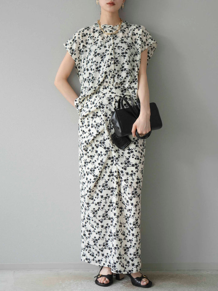 [SET]フラワープリントフレンチスリーブブラウス+フラワープリントタックIラインスカート(2set)