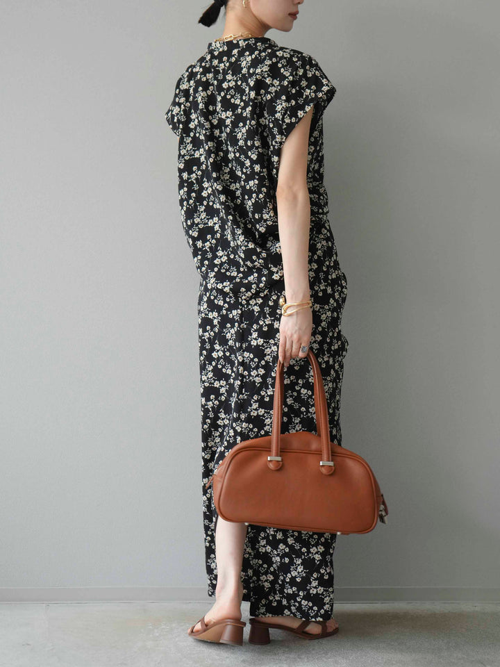 [SET]フラワープリントフレンチスリーブブラウス+フラワープリントタックIラインスカート(2set)