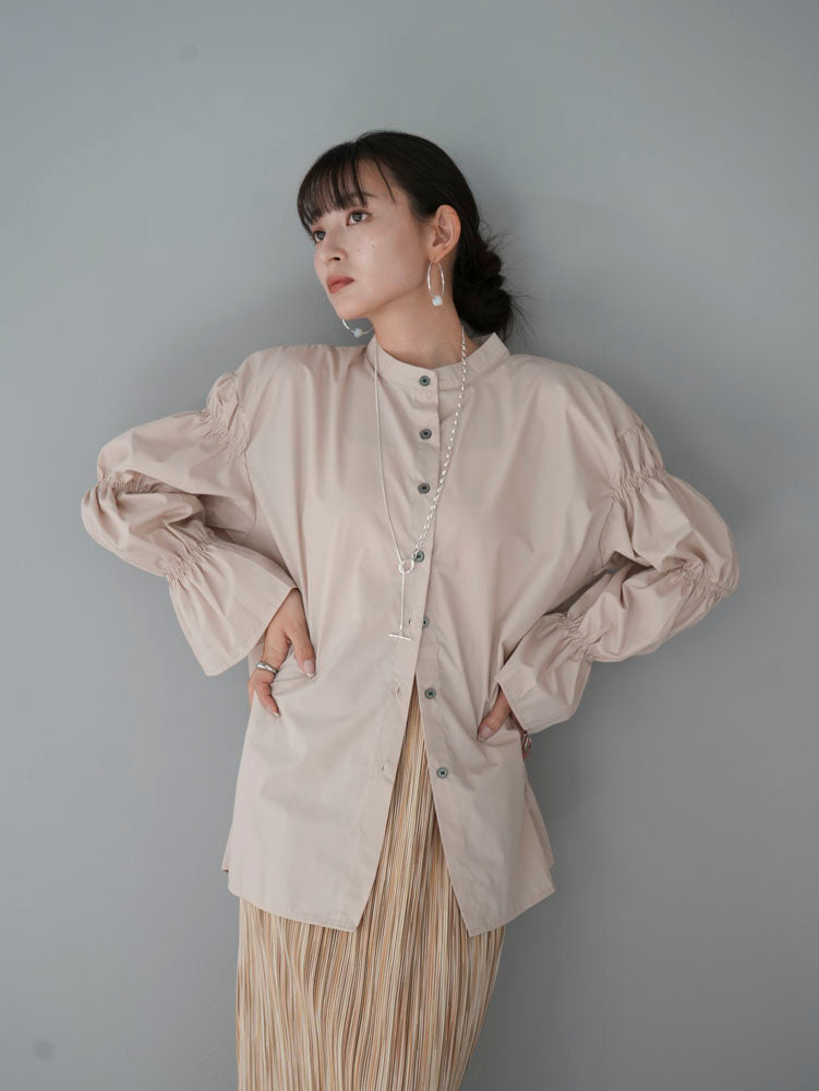 [Pre-order] Gathered long sleeve stand-up neck shirt/beige