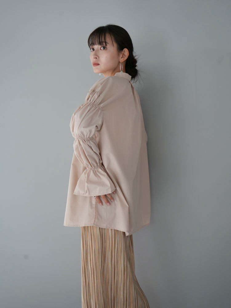 [Pre-order] Gathered long sleeve stand-up neck shirt/beige