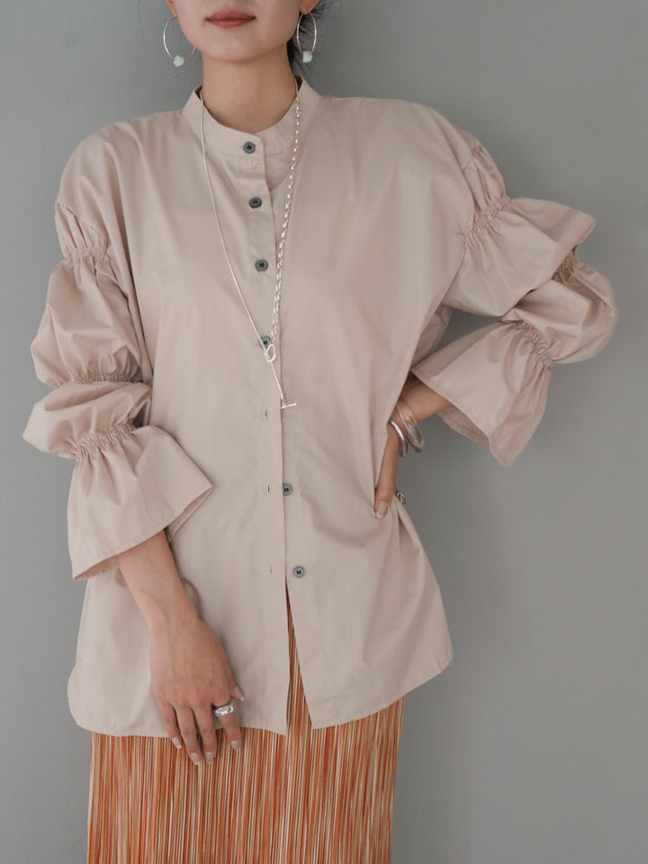 [Pre-order] Gathered long sleeve stand-up neck shirt/beige