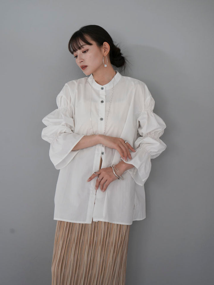 [Pre-order] Gathered long sleeve stand neck shirt/white