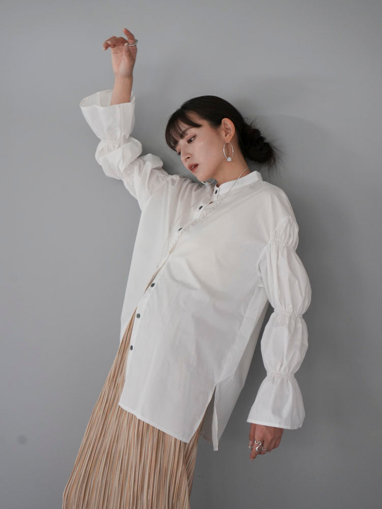 [Pre-order] Gathered long sleeve stand neck shirt/white