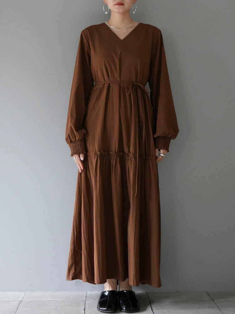 [Pre-order] V-neck tiered long dress/brown