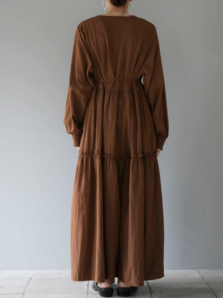 [Pre-order] V-neck tiered long dress/brown