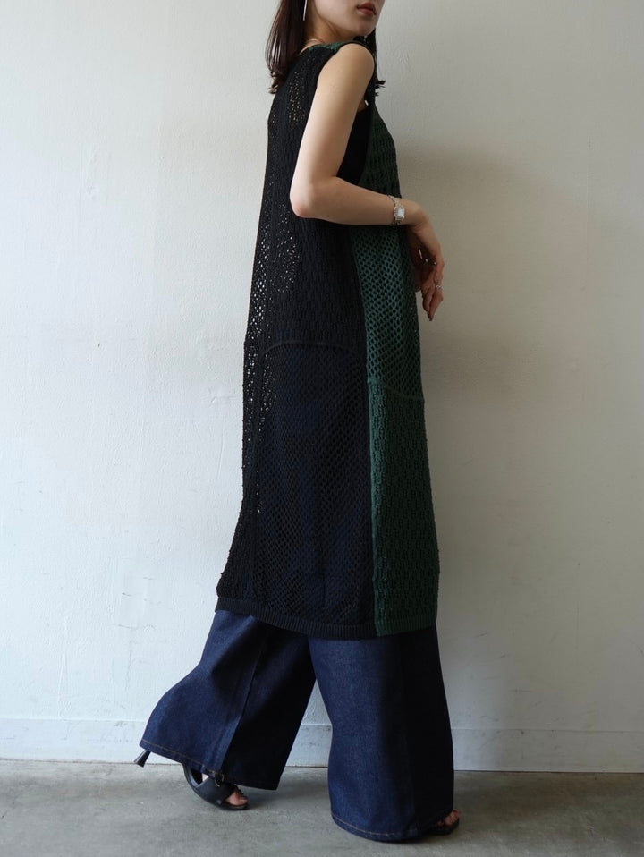 Bicolor openwork knit long vest/green