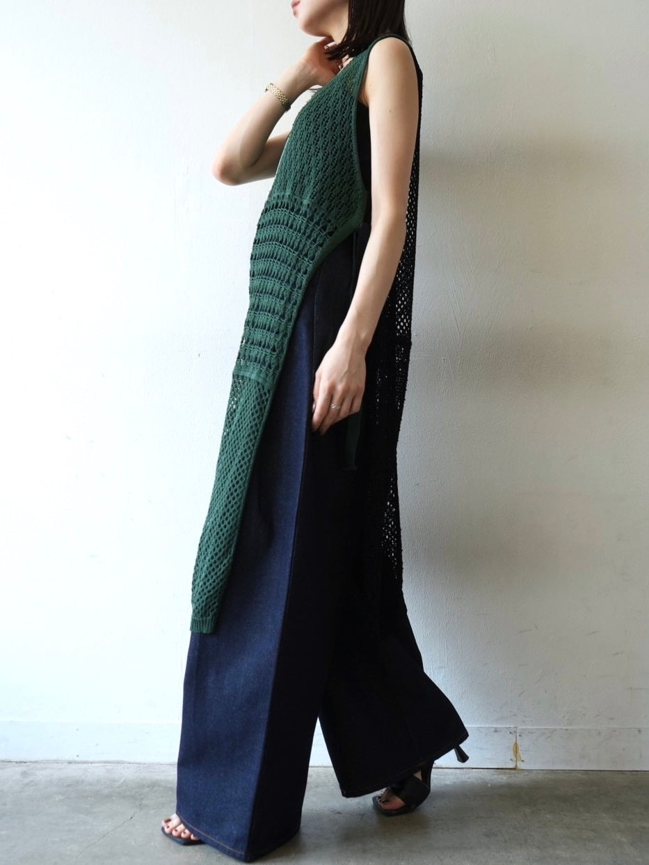 Bicolor openwork knit long vest/green