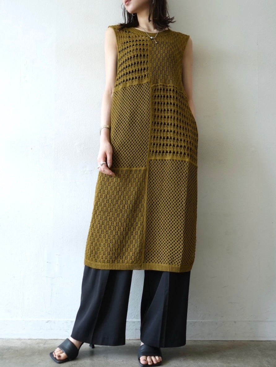 Bicolor openwork knit long vest/mustard