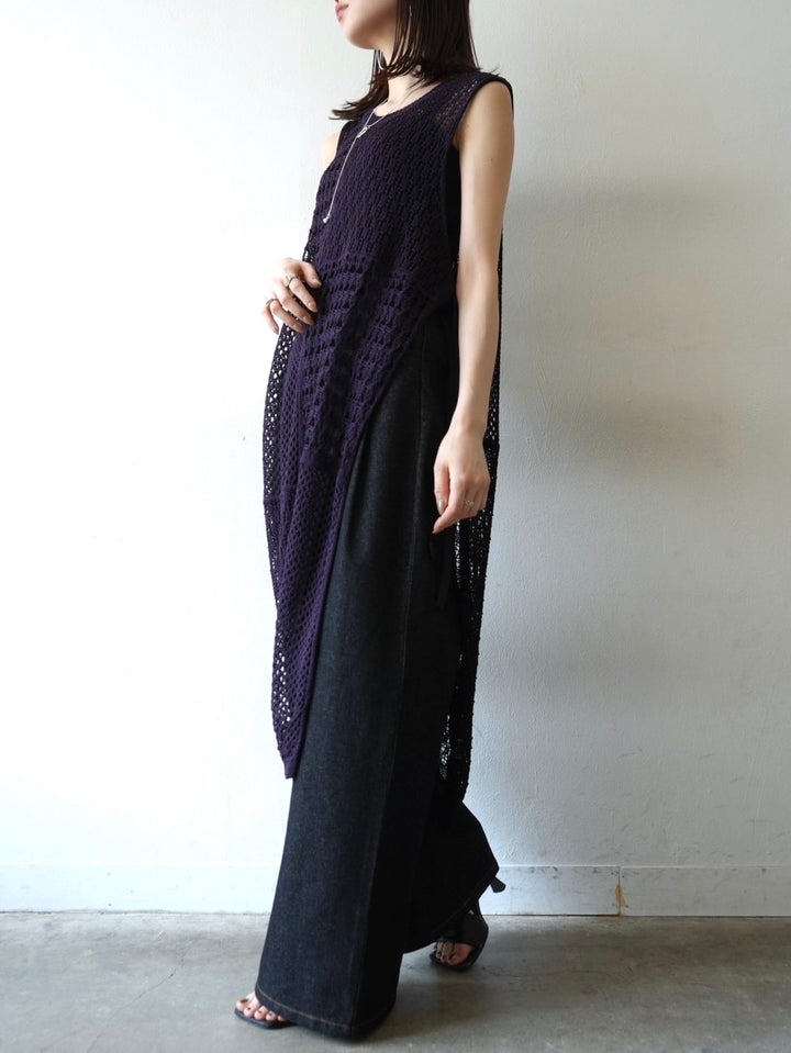 Bicolor openwork knit long vest/purple
