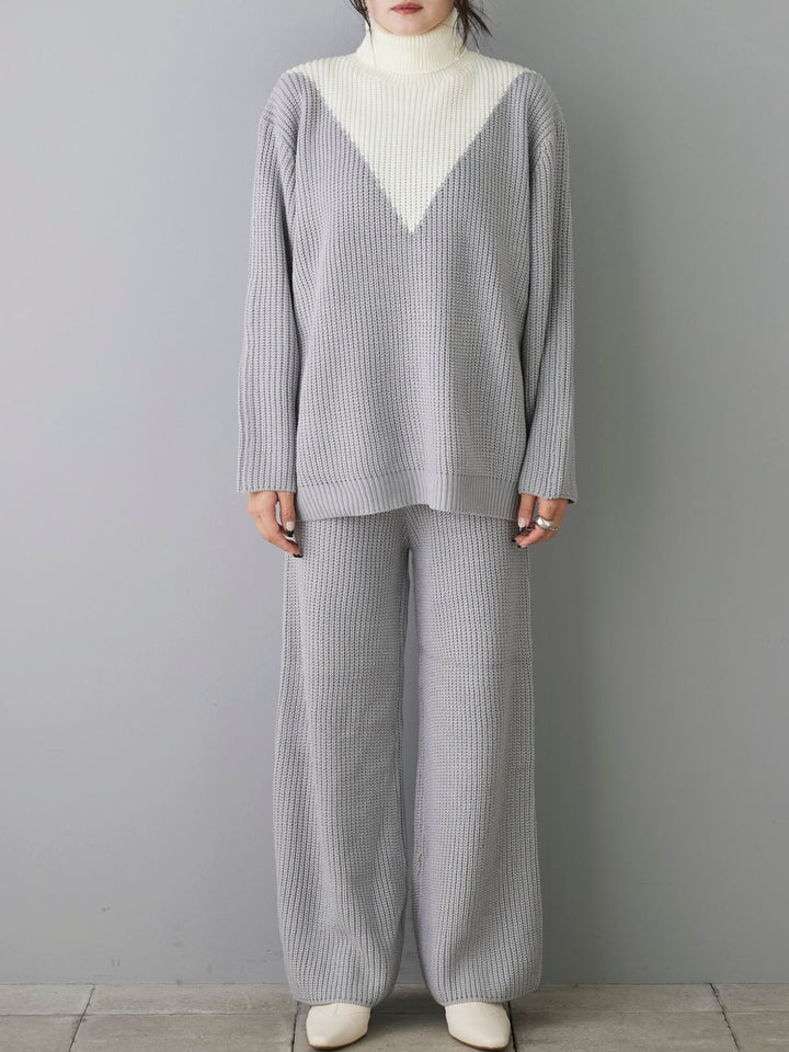 [Pre-order] Bicolor high neck knit pants set/gray x white