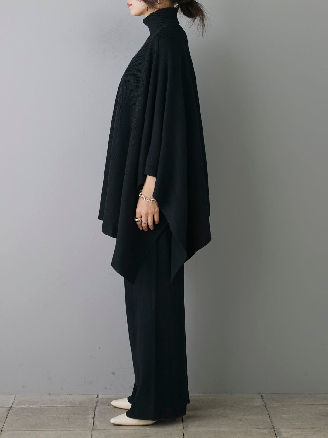 [Pre-order] High neck poncho knit pants set/black