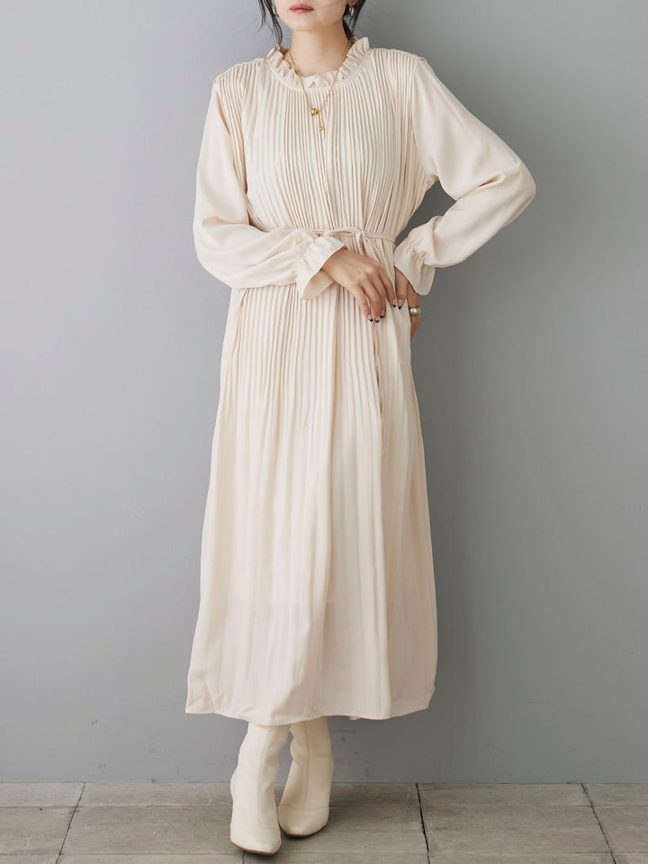 [Pre-order] Frill Collar Pleated Long Dress/Ivory