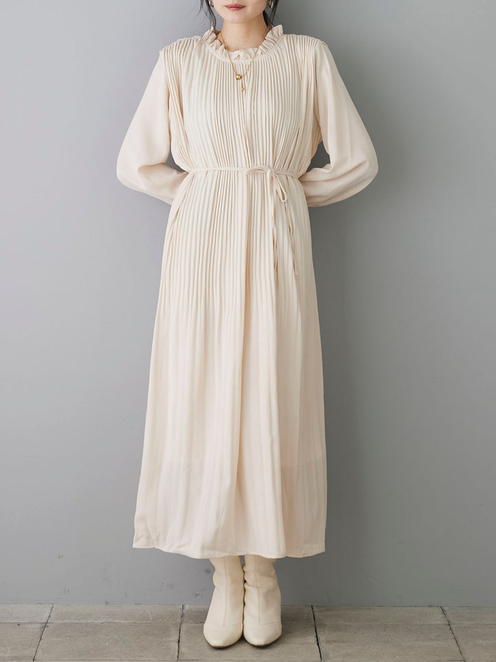 [Pre-order] Frill Collar Pleated Long Dress/Ivory