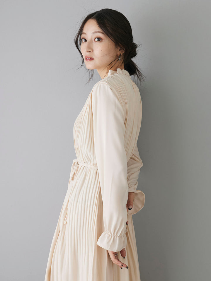 [Pre-order] Frill Collar Pleated Long Dress/Ivory