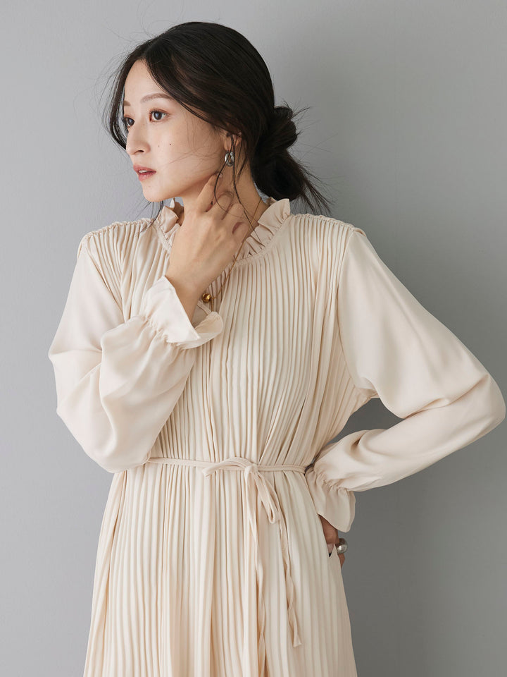 [Pre-order] Frill Collar Pleated Long Dress/Ivory