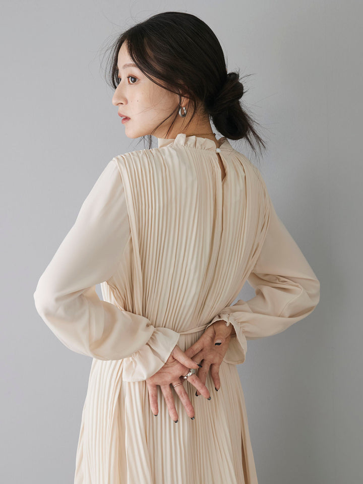 [Pre-order] Frill Collar Pleated Long Dress/Ivory