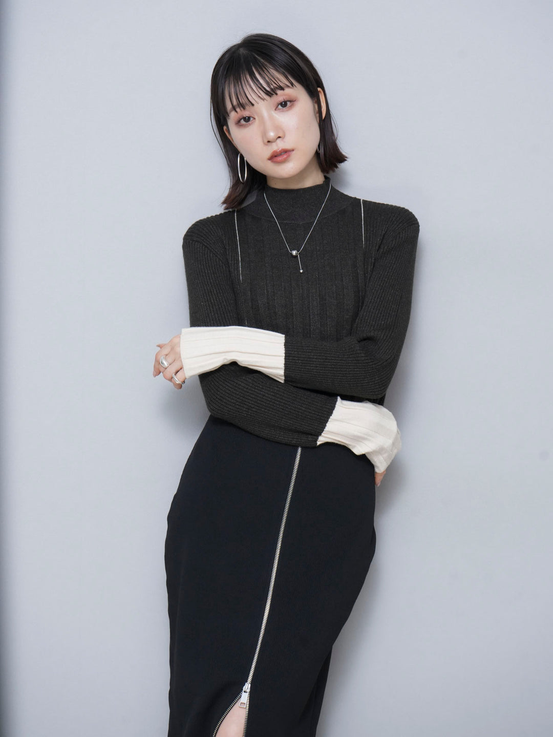 [Pre-order] Color-coordinated ribbed knit top/black