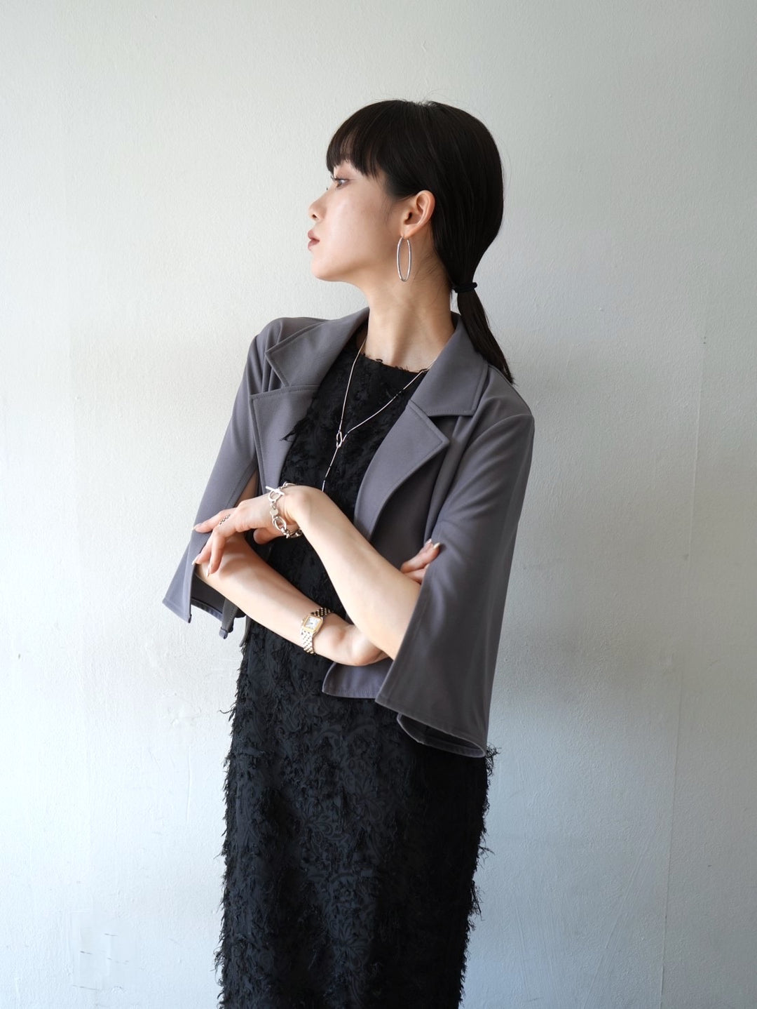 [Pre-order] Sheer Jacquard I-line Dress/Black