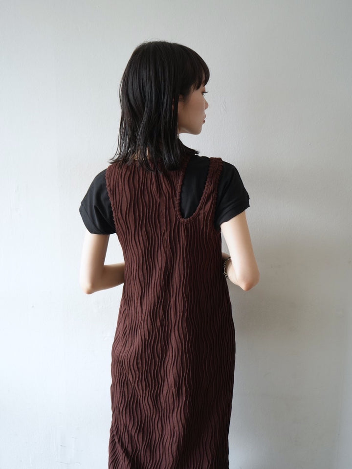 Cut rib design neck dress/brown