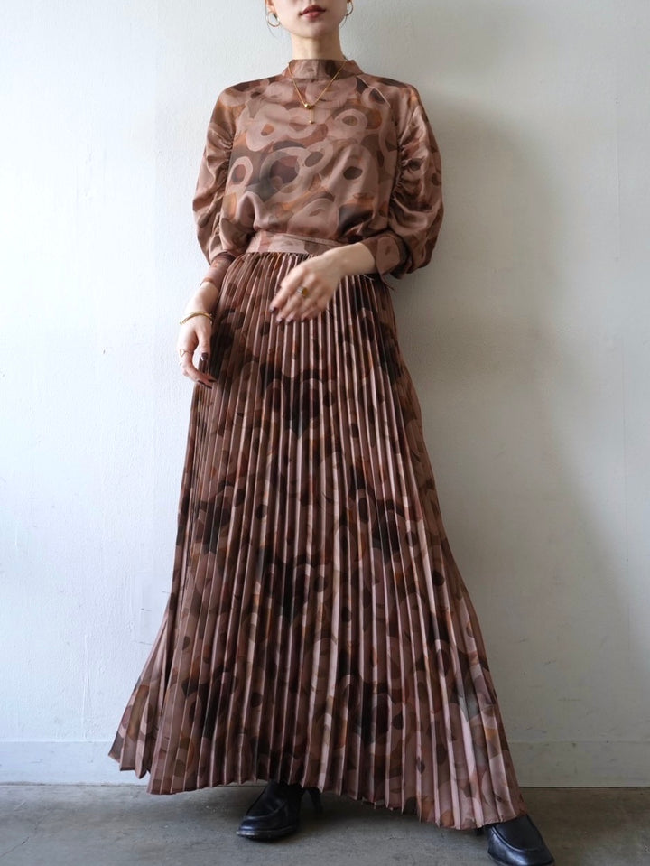[Pre-order] Retro Print Pleated Skirt/Brown