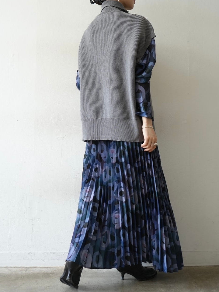 [Pre-order] Retro Print Pleated Skirt/Navy