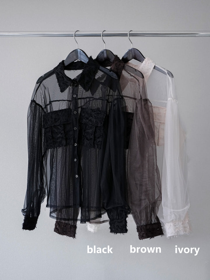 [SET]フリンジジャガード×チュールレイヤードシャツ+アームシャギーランダムリブニットトップス+ベルト付タックワイドパンツ(3set)