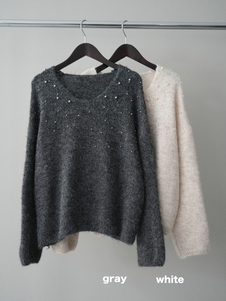 [SET]パール×ビジューVネックニットプルオーバー+アシンメトリーサテンレースキャミソール+テープベルトタックバギーパンツ(3set)