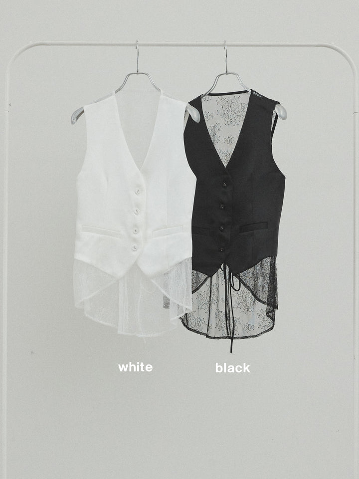 [SET]サテン×レース切替ベスト+リネンタッチタックワイドパンツ (2set)