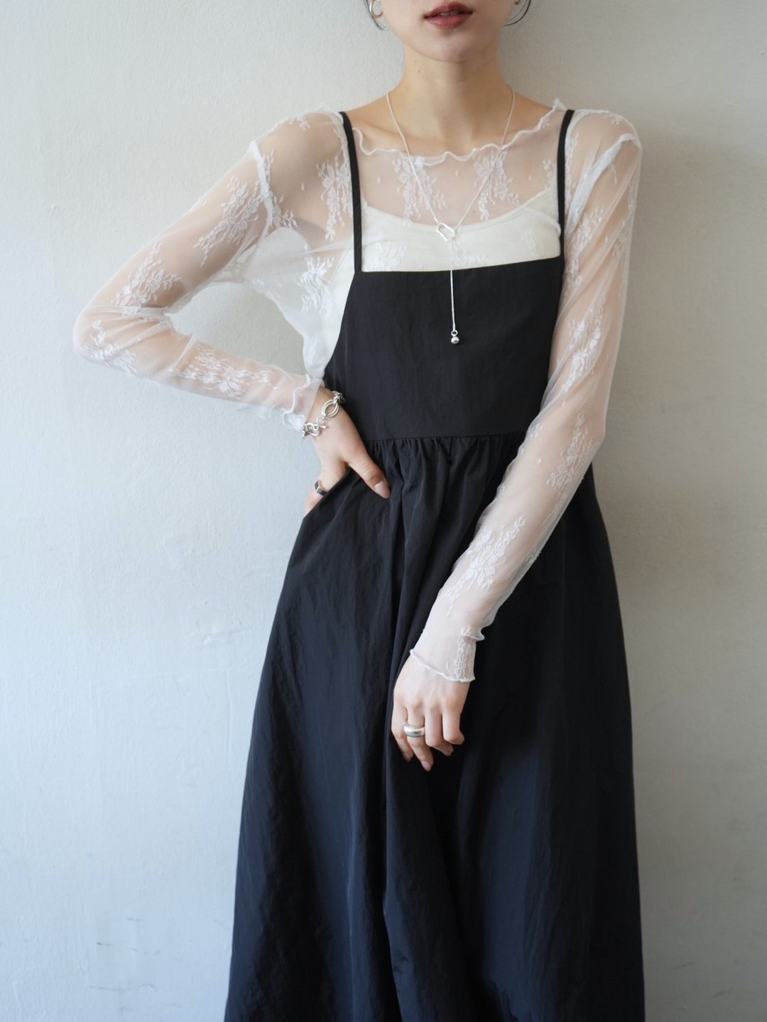 Nylon lace-up camisole dress/black