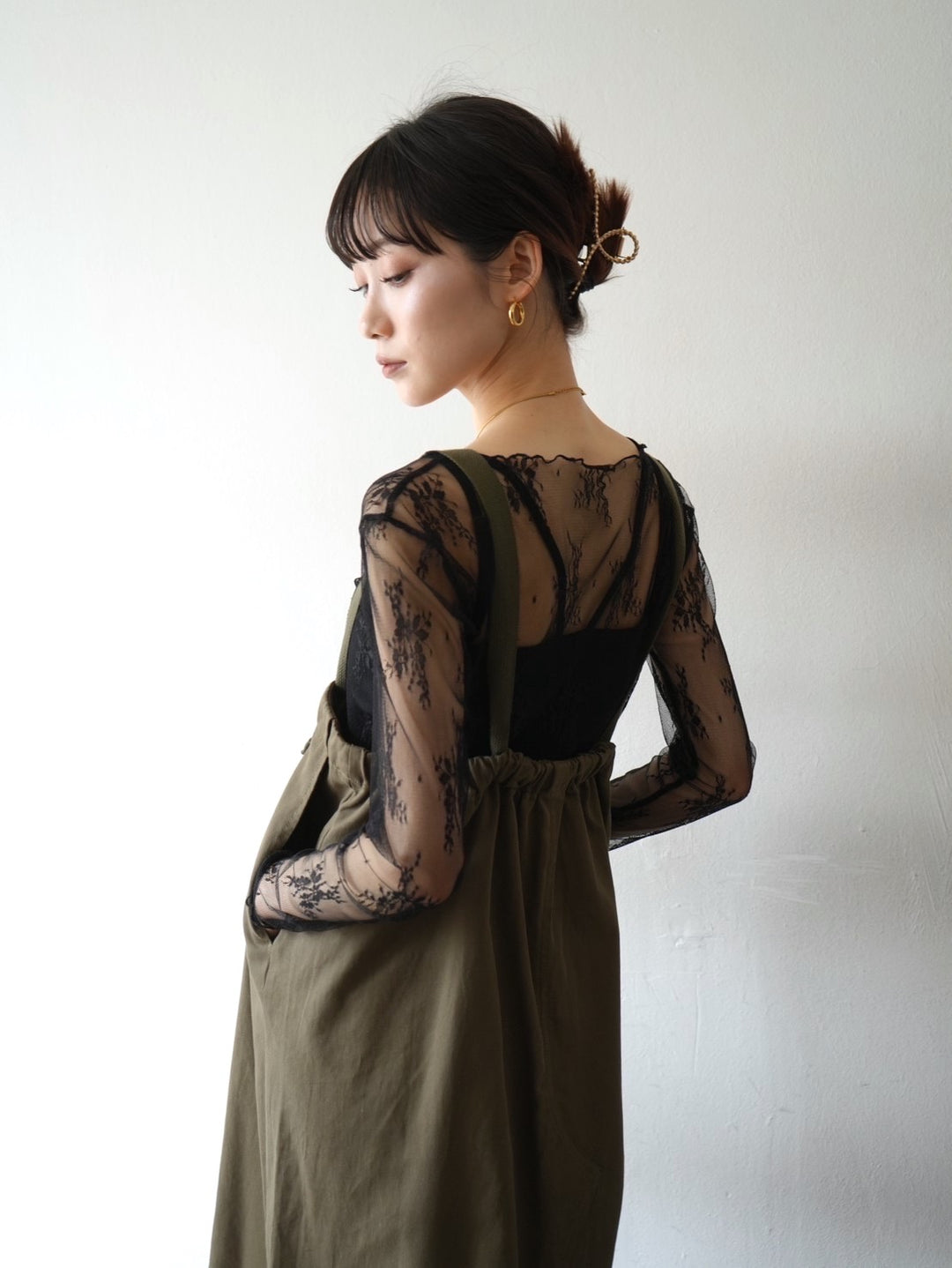 Cotton twill suspender skirt/olive