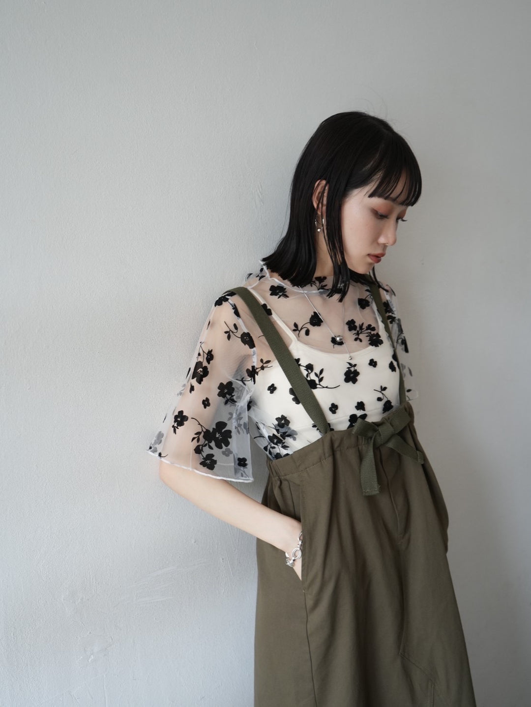 Cotton twill suspender skirt/olive