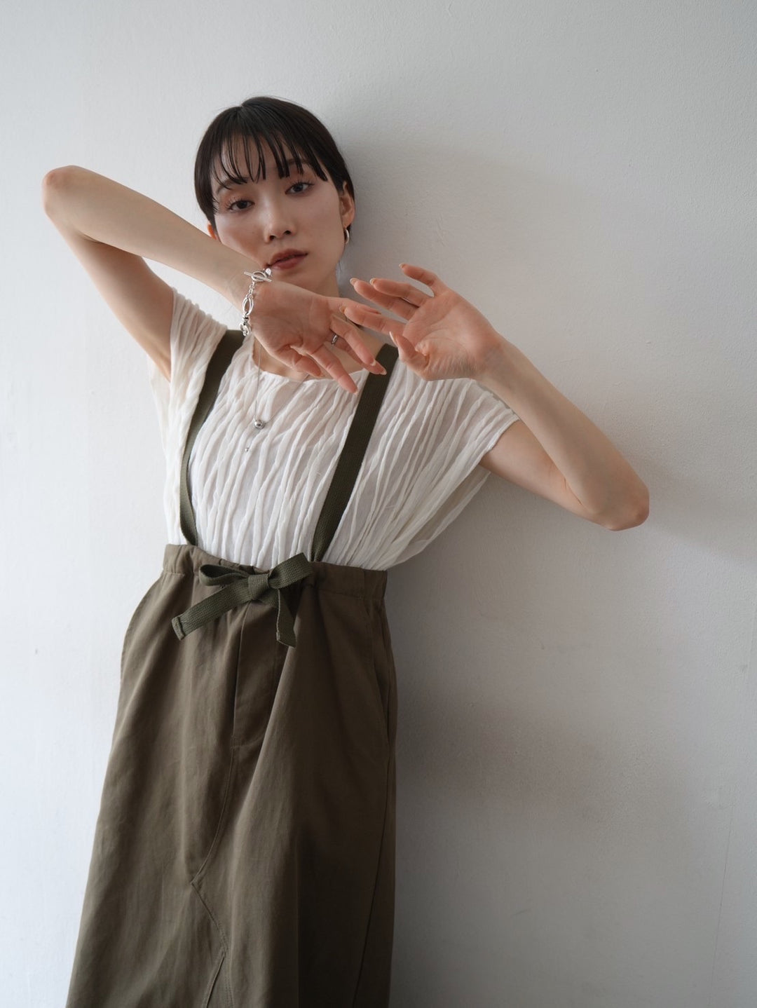 Cotton twill suspender skirt/olive