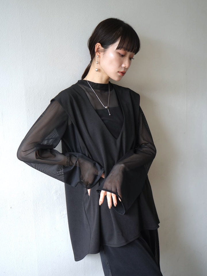 [Pre-order] Mesh flare sleeve dress/black