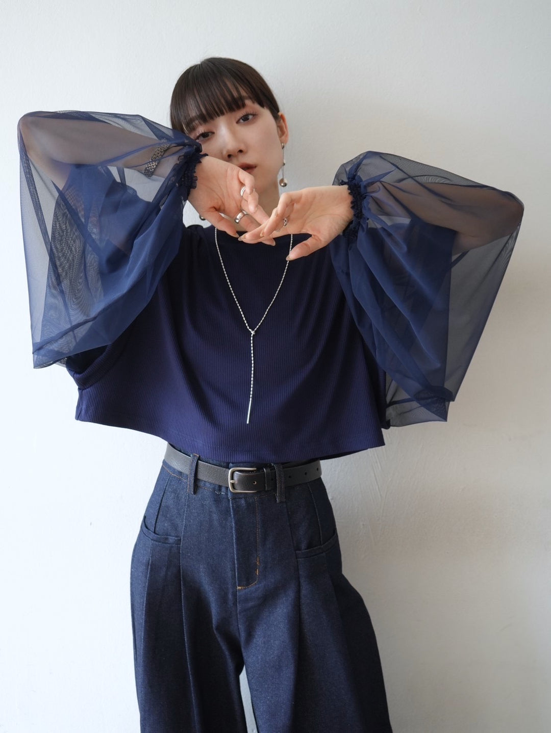 [Pre-order] Tulle sleeve terry rib pullover/navy