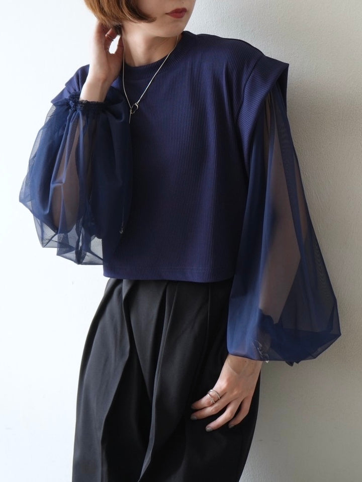 [Pre-order] Tulle sleeve terry rib pullover/navy