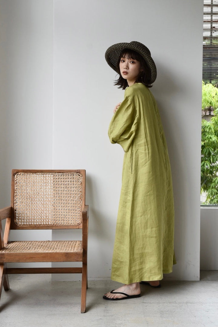 [予約]LINEN TWIST SLEEVE DRESS(charcoal/yellow)