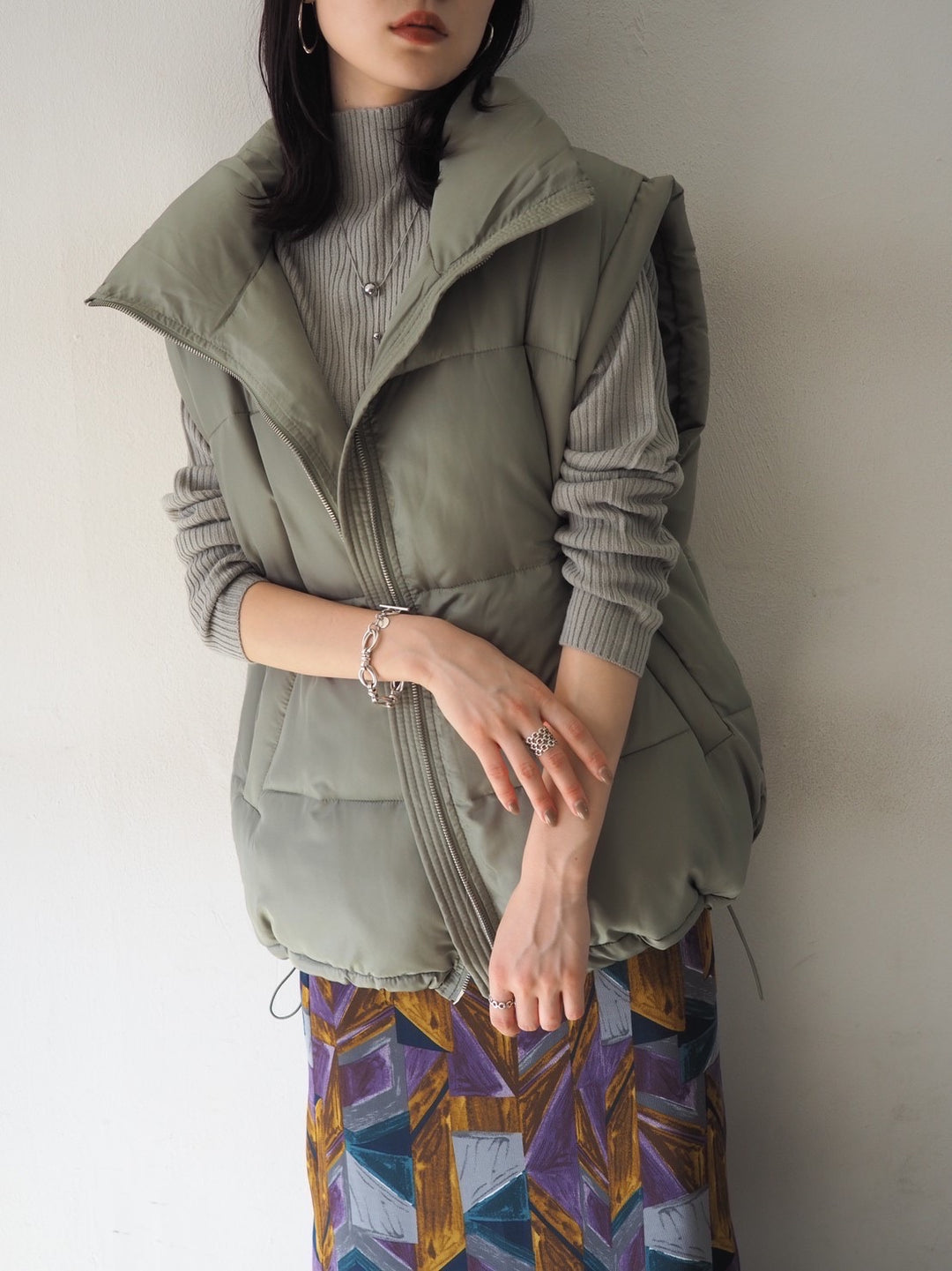 [予約]モックネックリブニットトップス/グレー