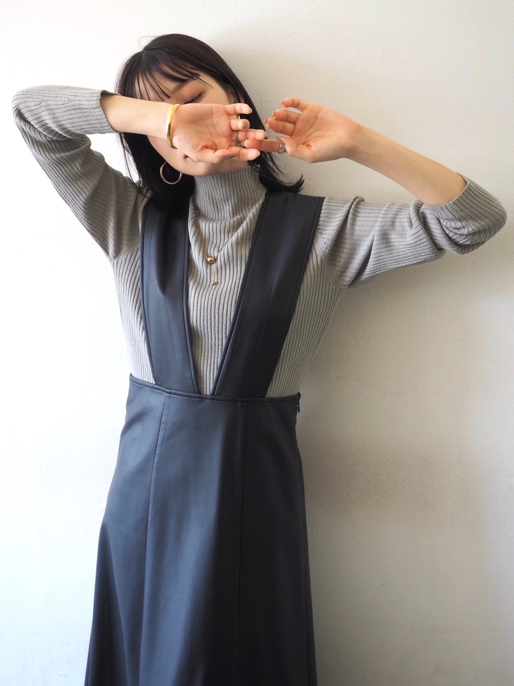 [予約]モックネックリブニットトップス/グレー