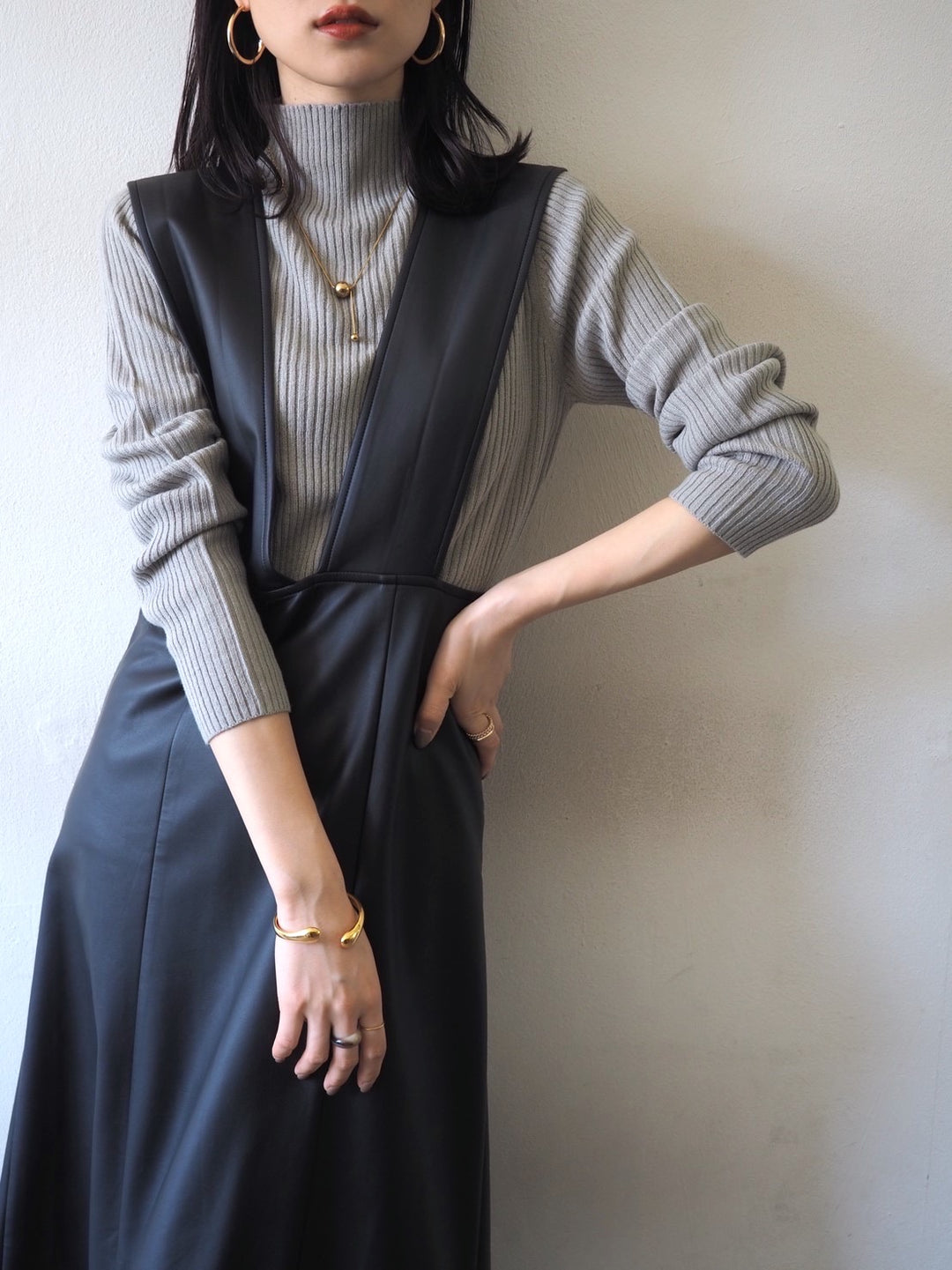 [予約]モックネックリブニットトップス/グレー