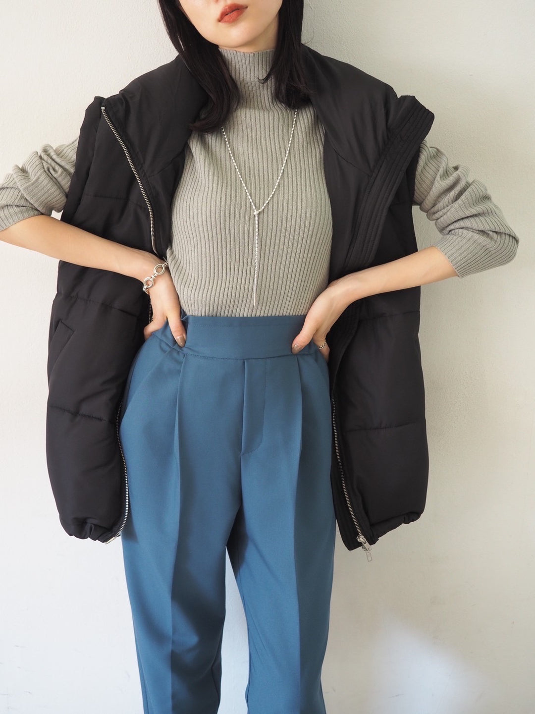 [予約]モックネックリブニットトップス/グレー