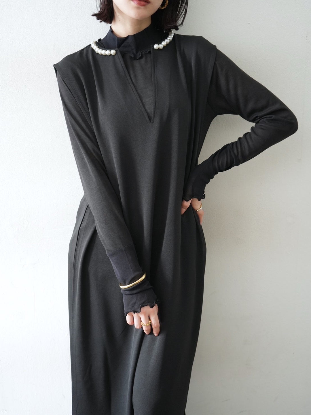 [予約]コットンガーゼシアー切替メロートップス/ブラック