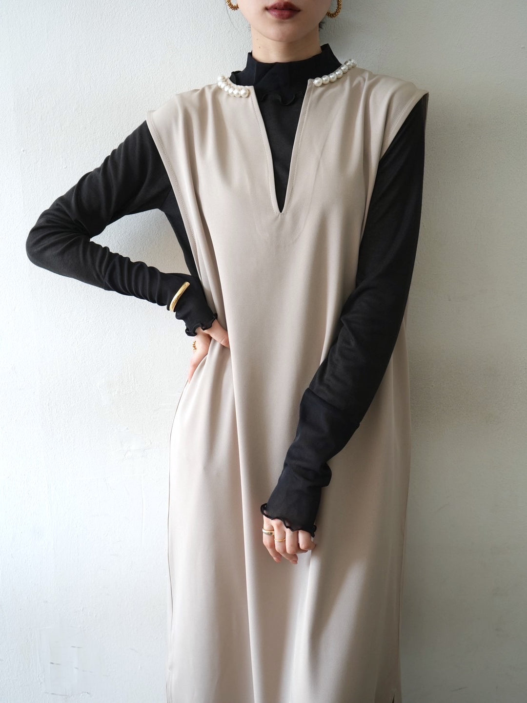 [予約]コットンガーゼシアー切替メロートップス/ブラック