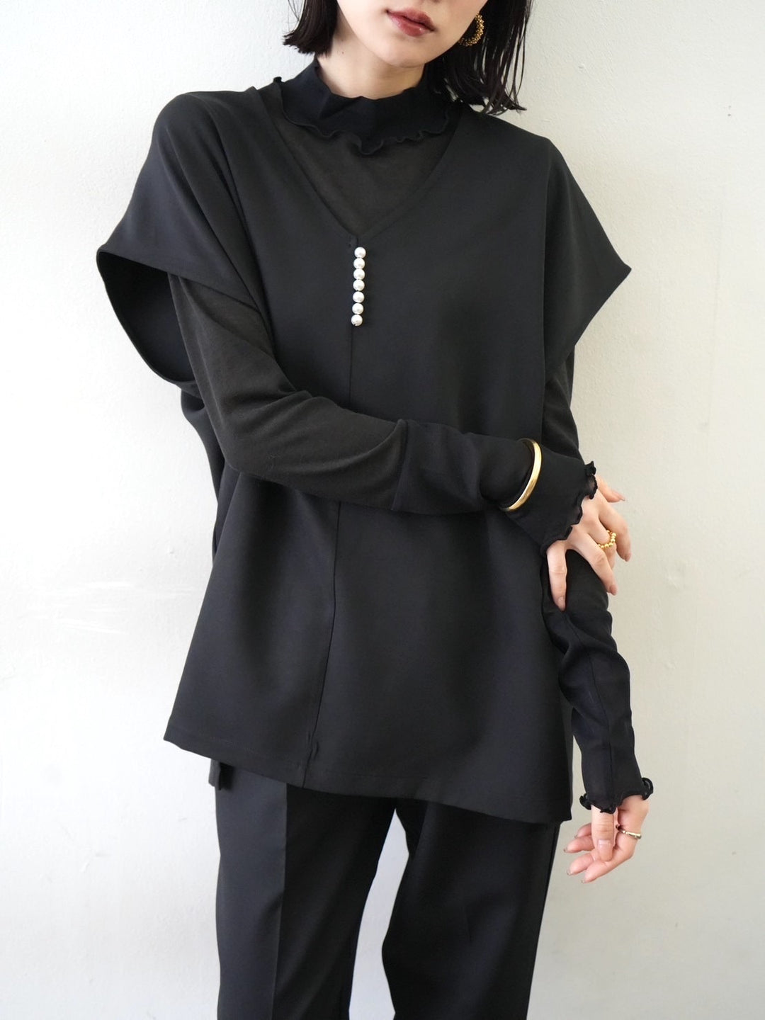 [予約]コットンガーゼシアー切替メロートップス/ブラック