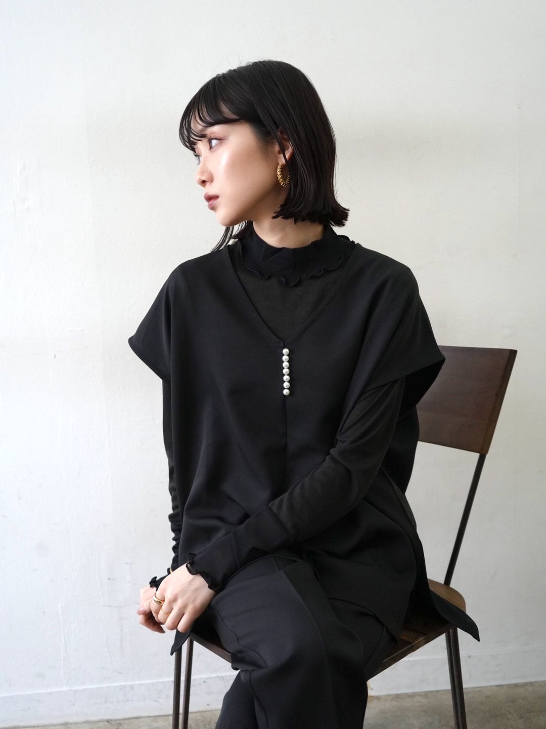 [予約]コットンガーゼシアー切替メロートップス/ブラック