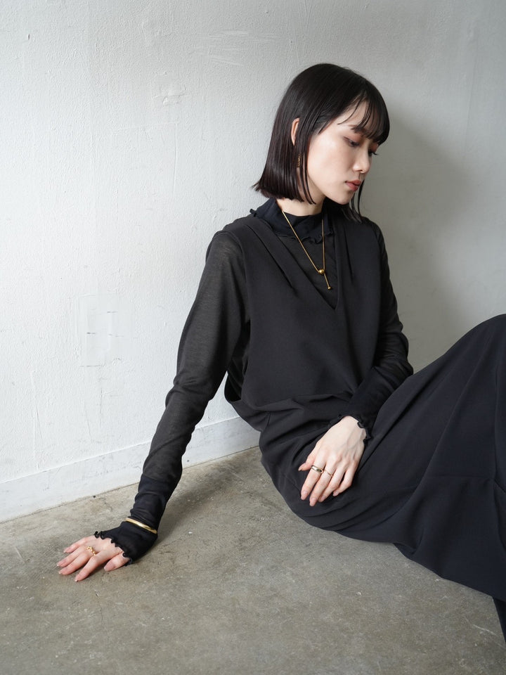 [予約]コットンガーゼシアー切替メロートップス/ブラック